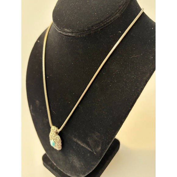 Pendant Necklace Silver Tone Blue  Thick Chain Pebbled Metal - Picture 4 of 9